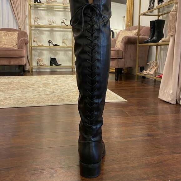 Black Faux Leather Over The Knee Boots Lace Up Back Thigh High Low Block Heel - Picture 2 of 5